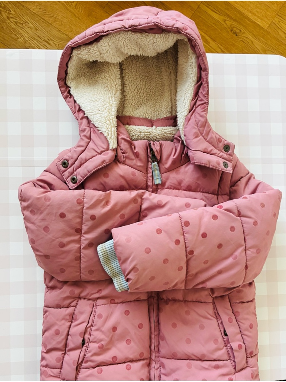 Mini Boden Pink Polka Dot Hooded Puffer Jacket - Picture 2 of 3
